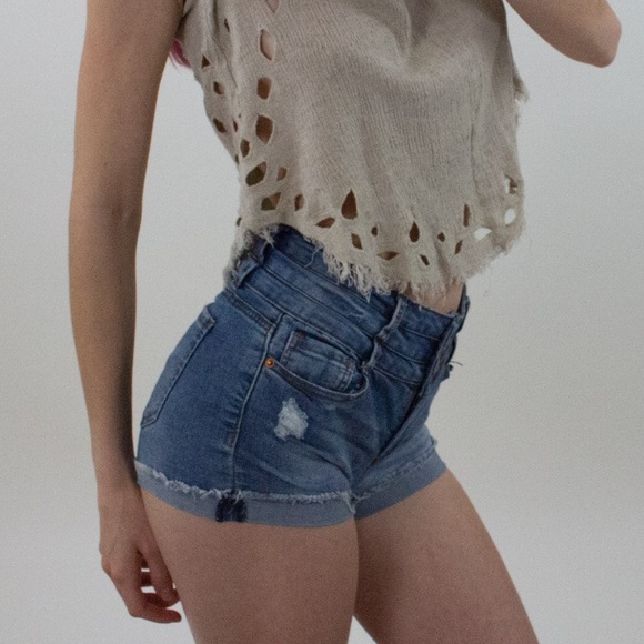 Vanilla Star High Waist Distressed Denim Shorts - Picture 1 of 3